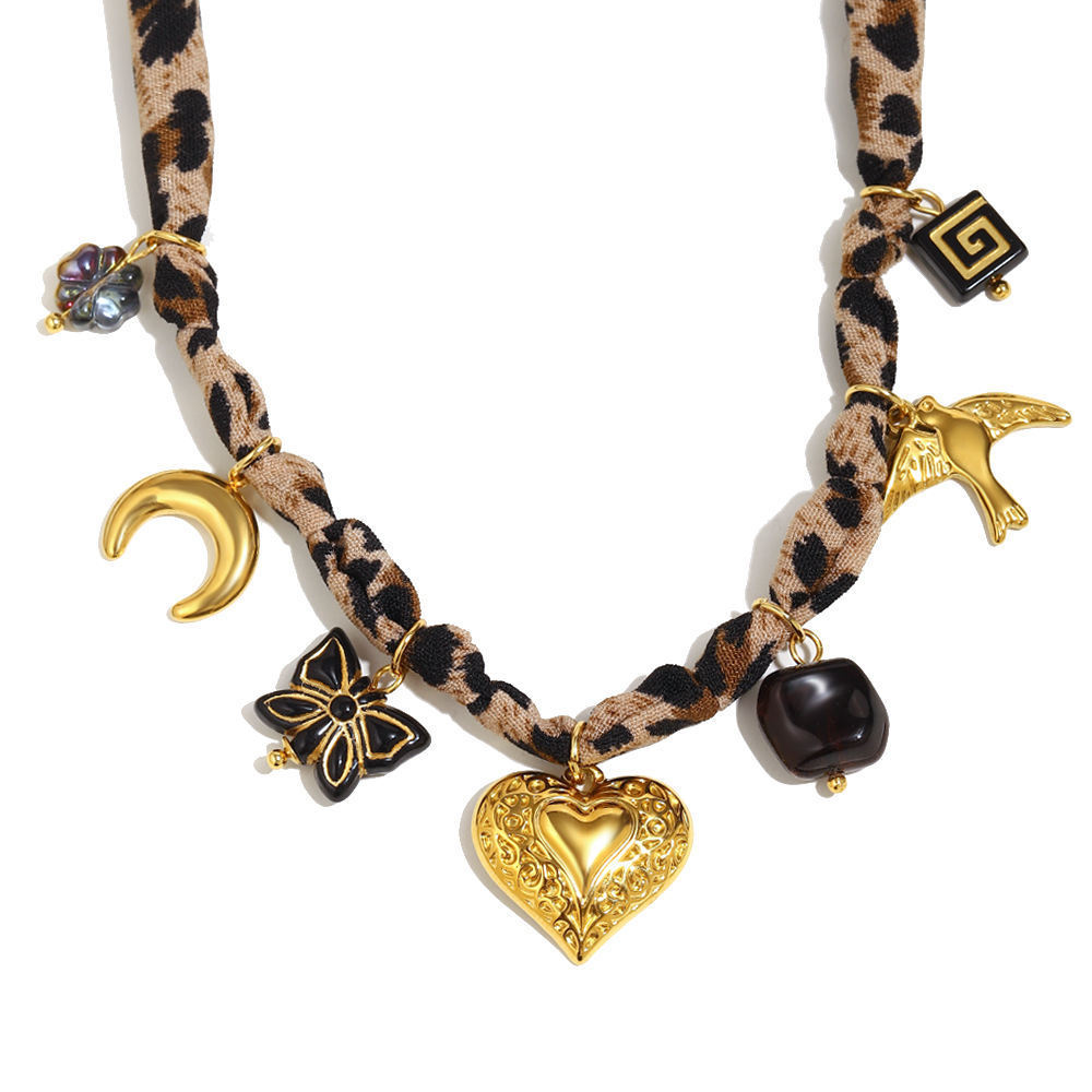 Geometric Leopard Print Tassel Bowknot Shell Heart Pendant 304 Stainless Steel Polyester Multi-Chain Women's Luxurious Fall Winter Accessories