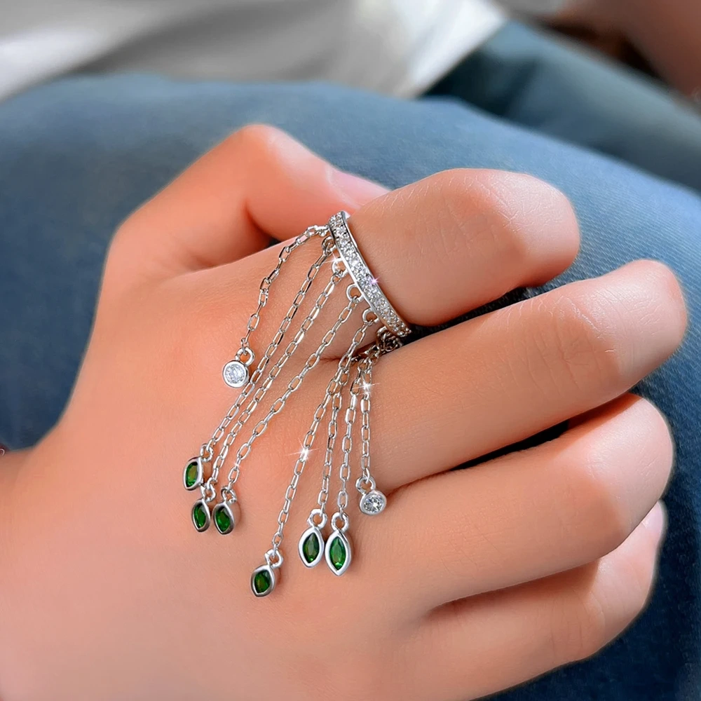 Copper Ring Women Luxury Green Cubic Zirconia Ultra Long Tassel Pendant Ring Fashion Party Dress Jewelry Accessories