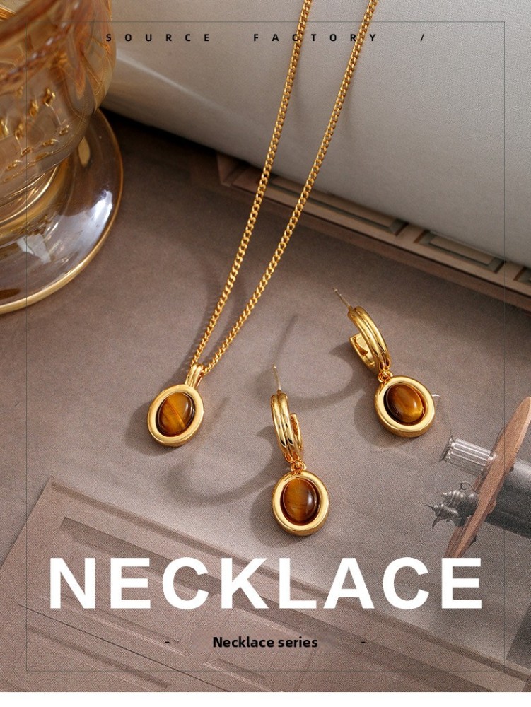 Elegant And Simple Tiger Eye Stone Necklace European And American Style Retro Geometric Pattern Women's Jewelry Gold Plated Accessories