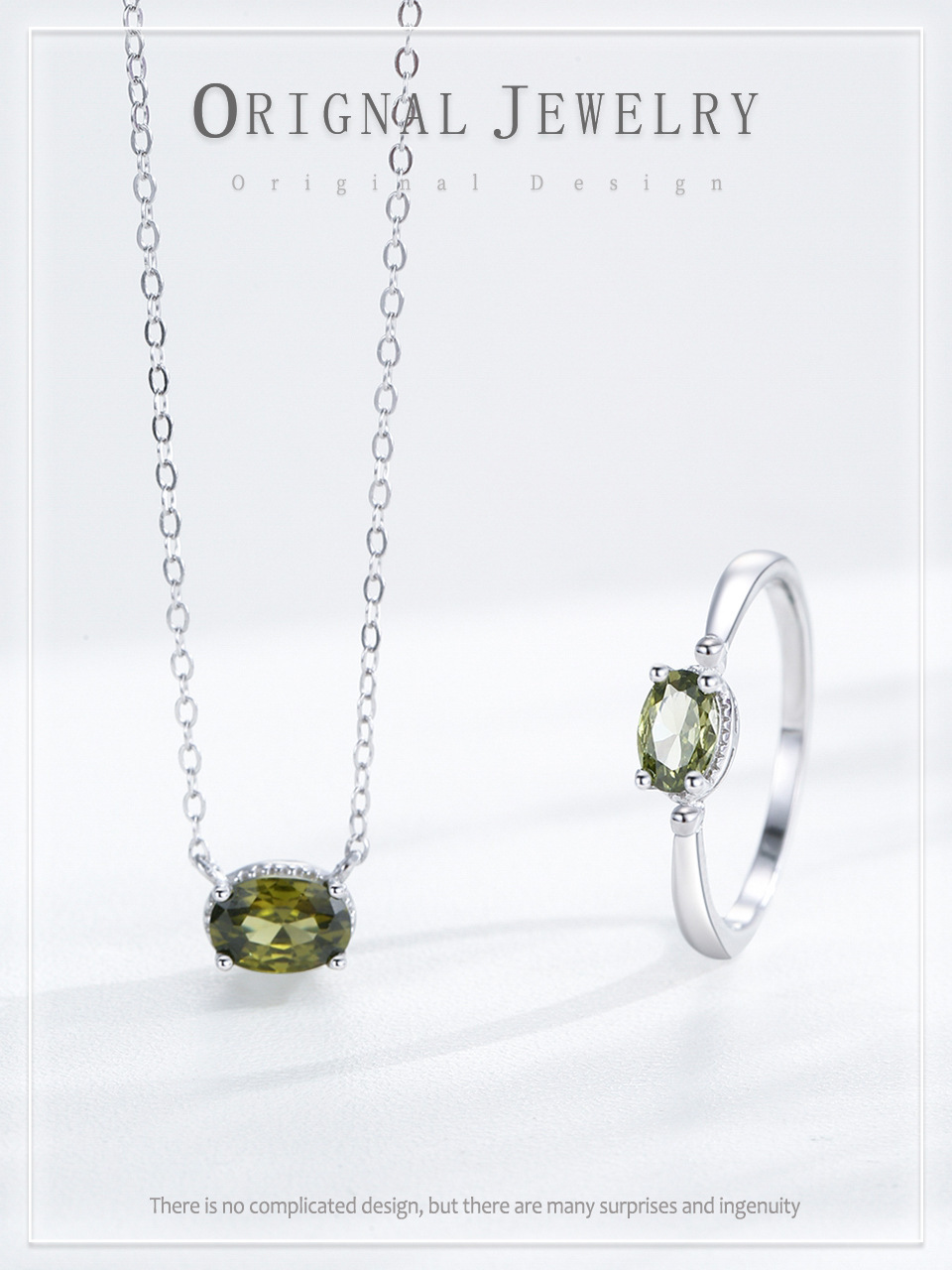 S925 Sterling Silver  Fresh Olive Green Oval Ring Necklace Women's High-Grade  Colored Gems Jewelry Suit