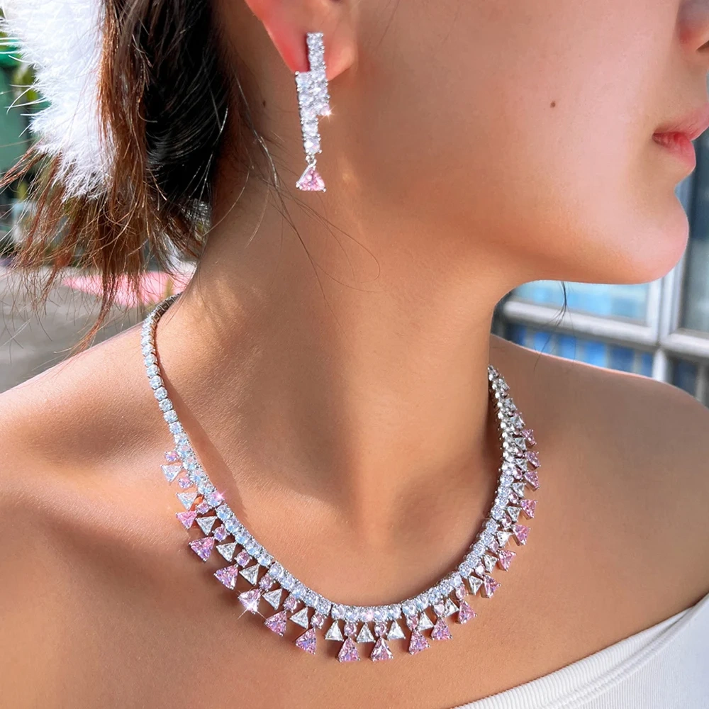 White Plated Gold Geometric Shape Inlaid White Zircon Necklace Earring Set For Women Copper Jewelry Two-Piece Set Water Plated Tennis Chain (Full Diamond Chain) Jewelry Set For Women