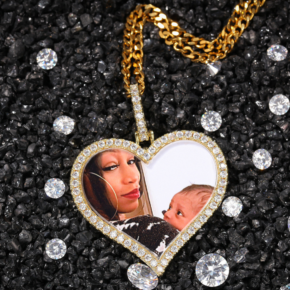 Fashion Hip-Hop Style Pendant Necklace Copper Material Inlaid With Zircon Heart-Shaped Photo Unisex Internet Celebrity Style Jewelry Accessories