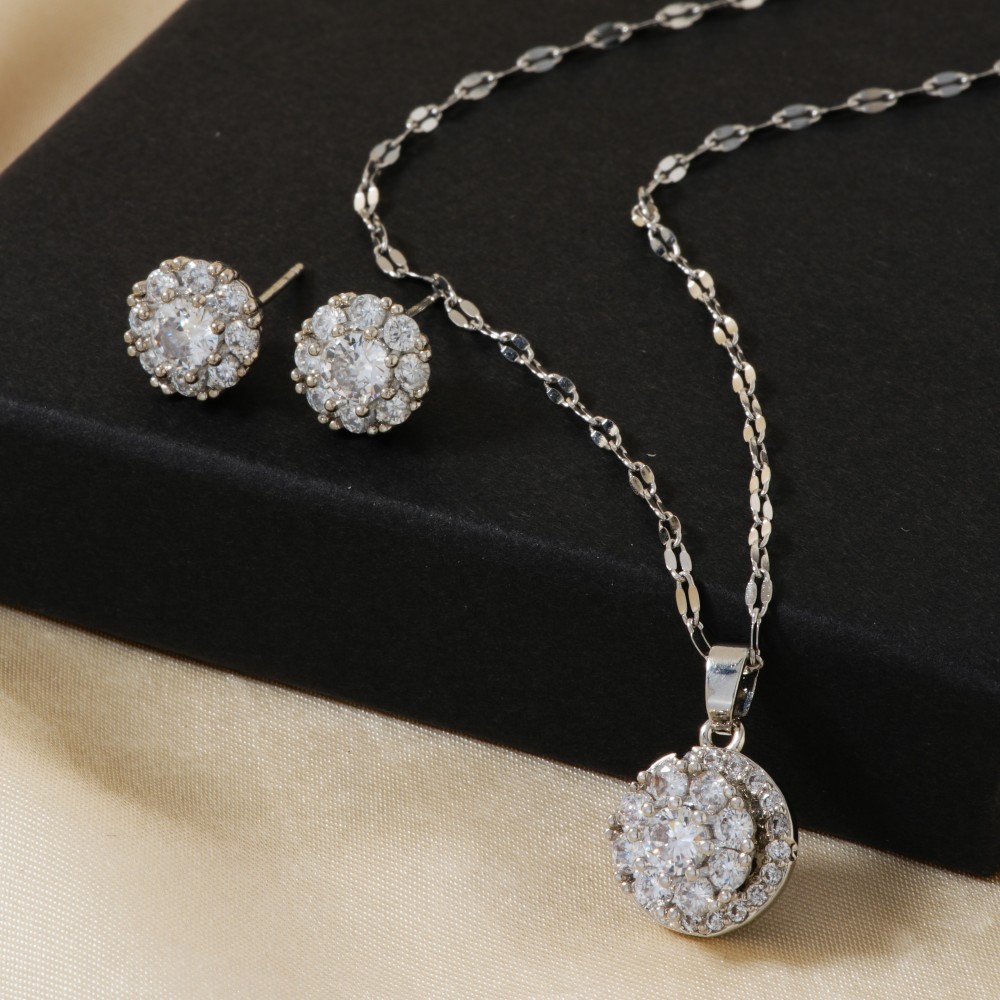 Copper Rhodium Plated Inlay Geometric Zircon Jewelry Set