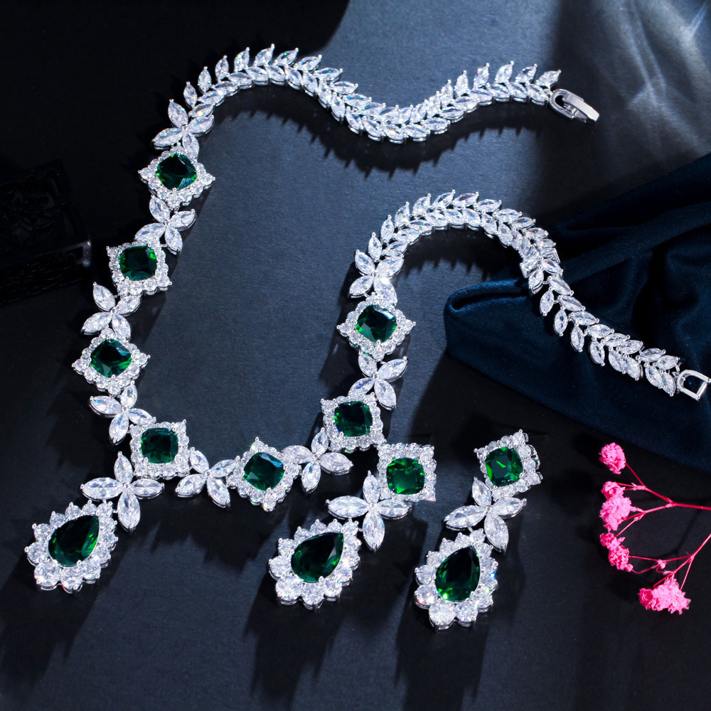 Ruili Flower Zircon Necklace And Earrings Set For Women, Emerald Gemstone Wedding Dress Jewelry Accessories, Water Plating