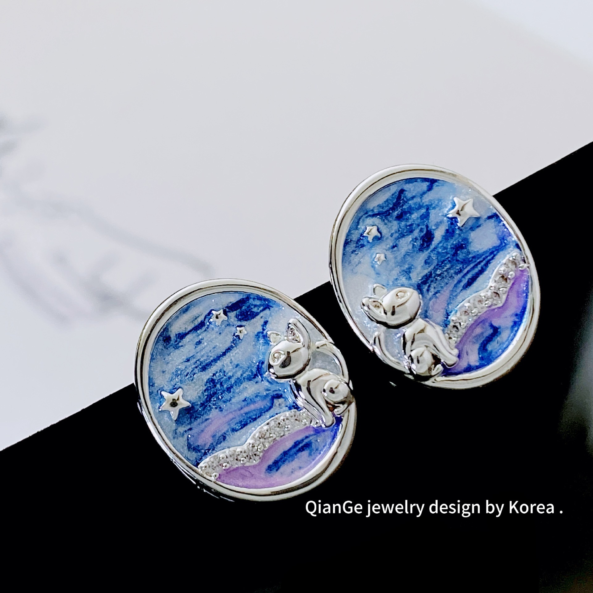 Aneibeni Van Gogh's Starry Night Enamel Drip Glaze Oval Earrings S925 Silver Needle Personality Fashionable Women's Jewelry