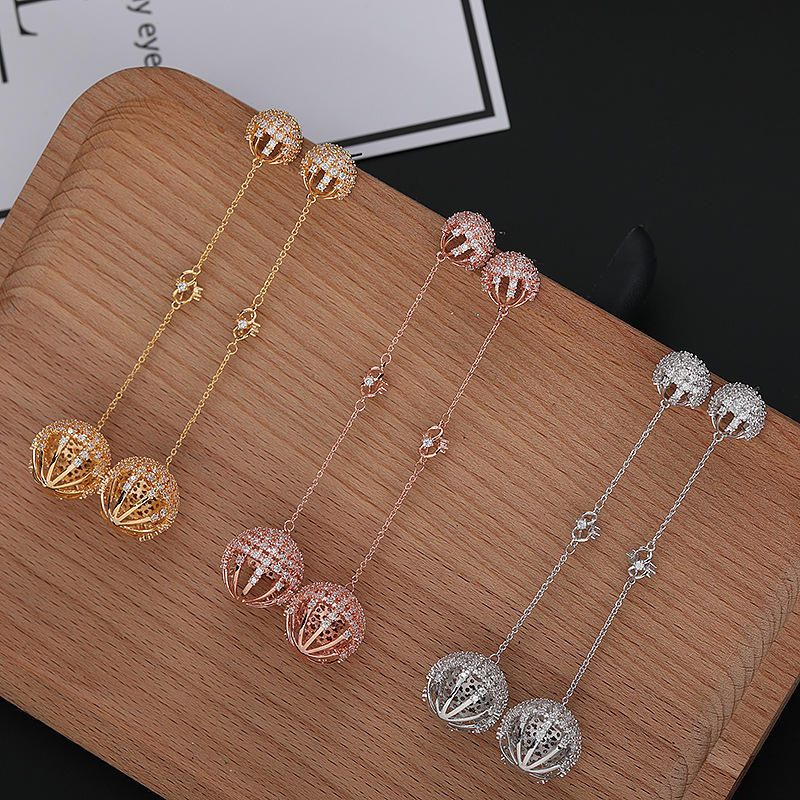 Fashionable Long Diamond Embedded Round Ball Chain Earrings Women's Simple Elegant Trendy New Style Hoop Earrings
