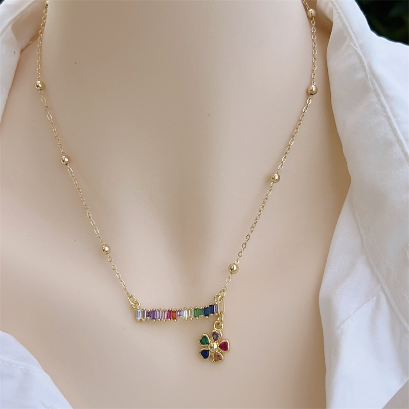 18K Gold Plated Handmade Double Pendant Flower Zircon Necklace Classic Simple Style Daily Wear Gift Copper Pendant Lobster Clasp