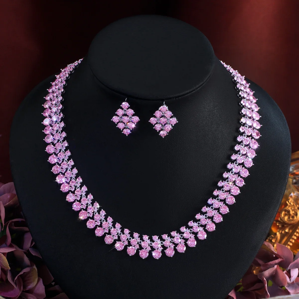 Luxury Shiny Pink Round Cubic Zircon Bridal Wedding Necklace 2pcs Sets For Women Nigerian African Party Jewelry