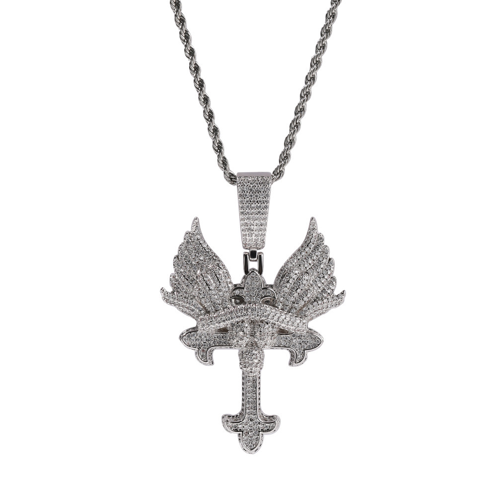 Creative Angel Wing Cross Necklace Couple Sweater Chain Hip Hop Style Geometric Pattern Copper Jewelry Accessories For Men And Women