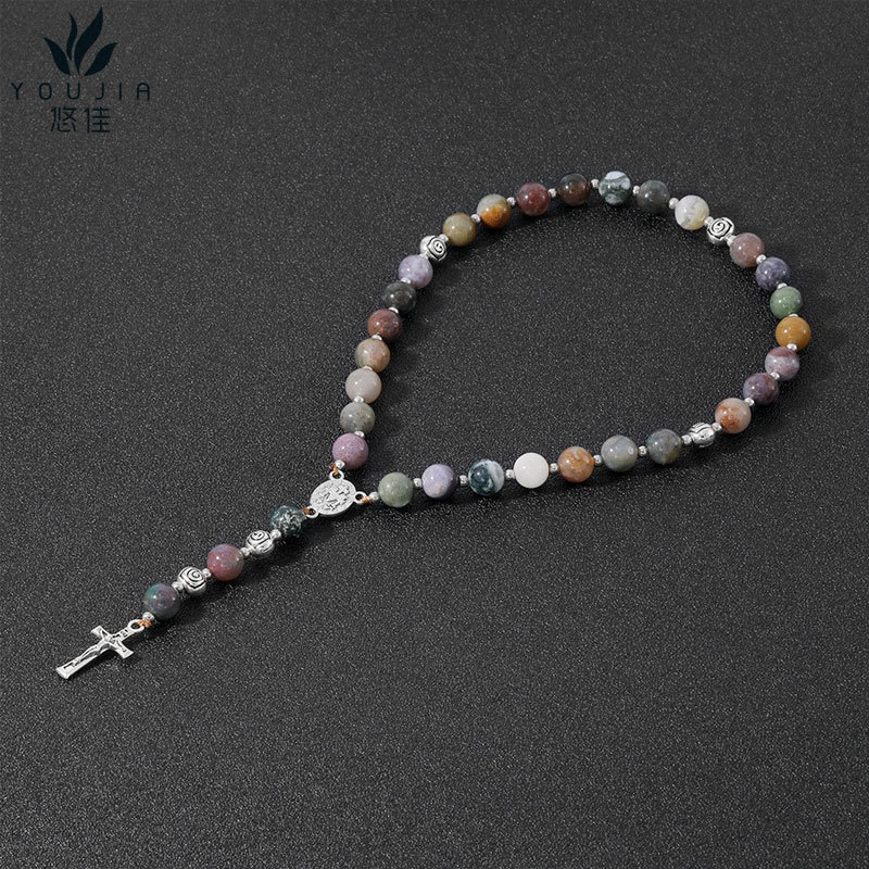 Yiwu Bracelet Wholesale Natural Indian Agate Black Agate Rosary Bracelet Cross Jewelry Handmade Beaded Accessories