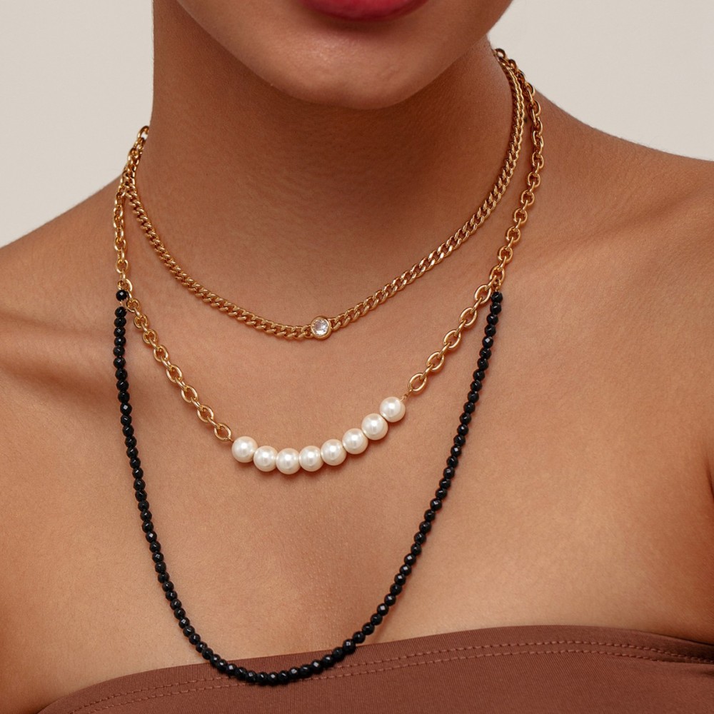 Personalized Design Crystal Imitation Pearl Stitching Titanium Steel Geometric Pattern Women's Necklace Jewelry Accessories