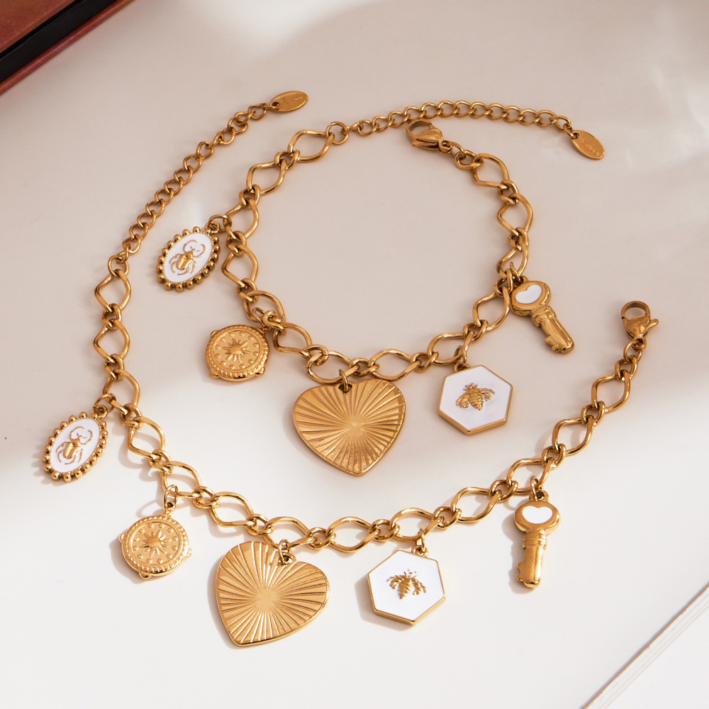 Stainless Steel Heart DIY Multi-Accessories Pendant Necklace Bracelet Heavy Work Personality Exaggeration Jewelry Set