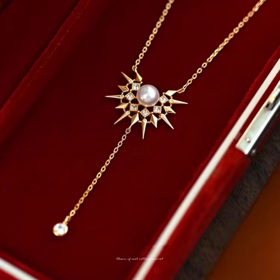 Original Design Pearl Sunflower Tassel Necklace Women's French Vintage Luxury Sensation Clavicle Chain Waterdrop Pattern