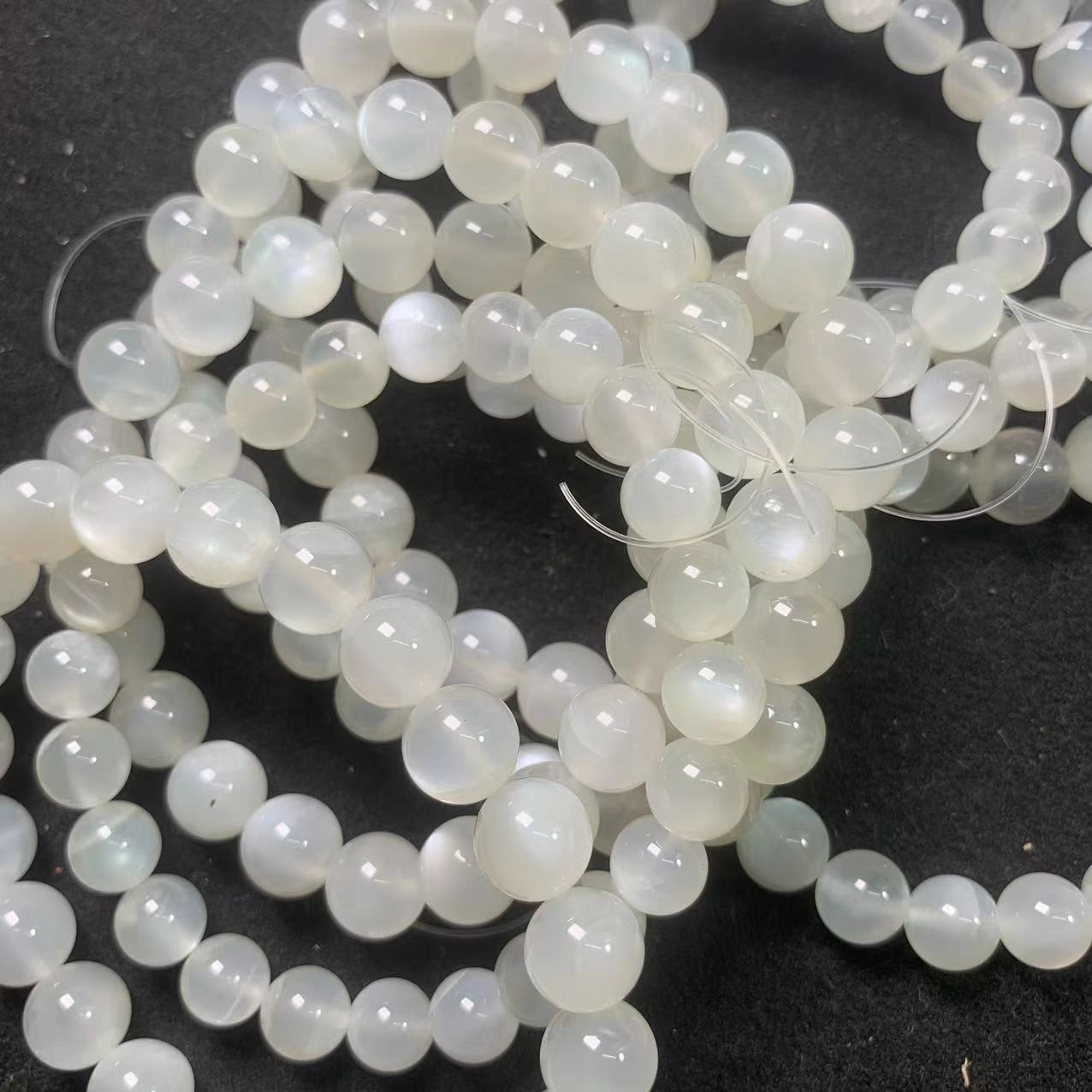 Natural White Moonstone Bracelet Strong Cat's Eye Body Transparent Crystal Gem Classic Round Bead Geometric Pattern Polished