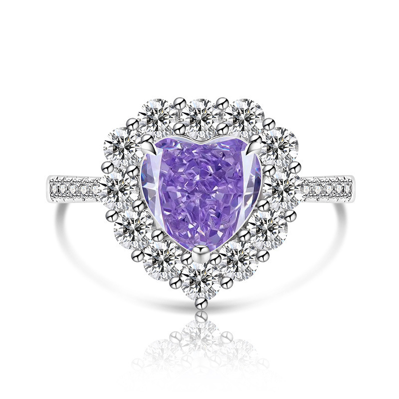 Fashion Heart-shaped Plated Platinum Ring Simple Luxurious Ice Crystal Cut Colored Gemstone High Carbon Diamond Ring Live Streaming Dropshipping