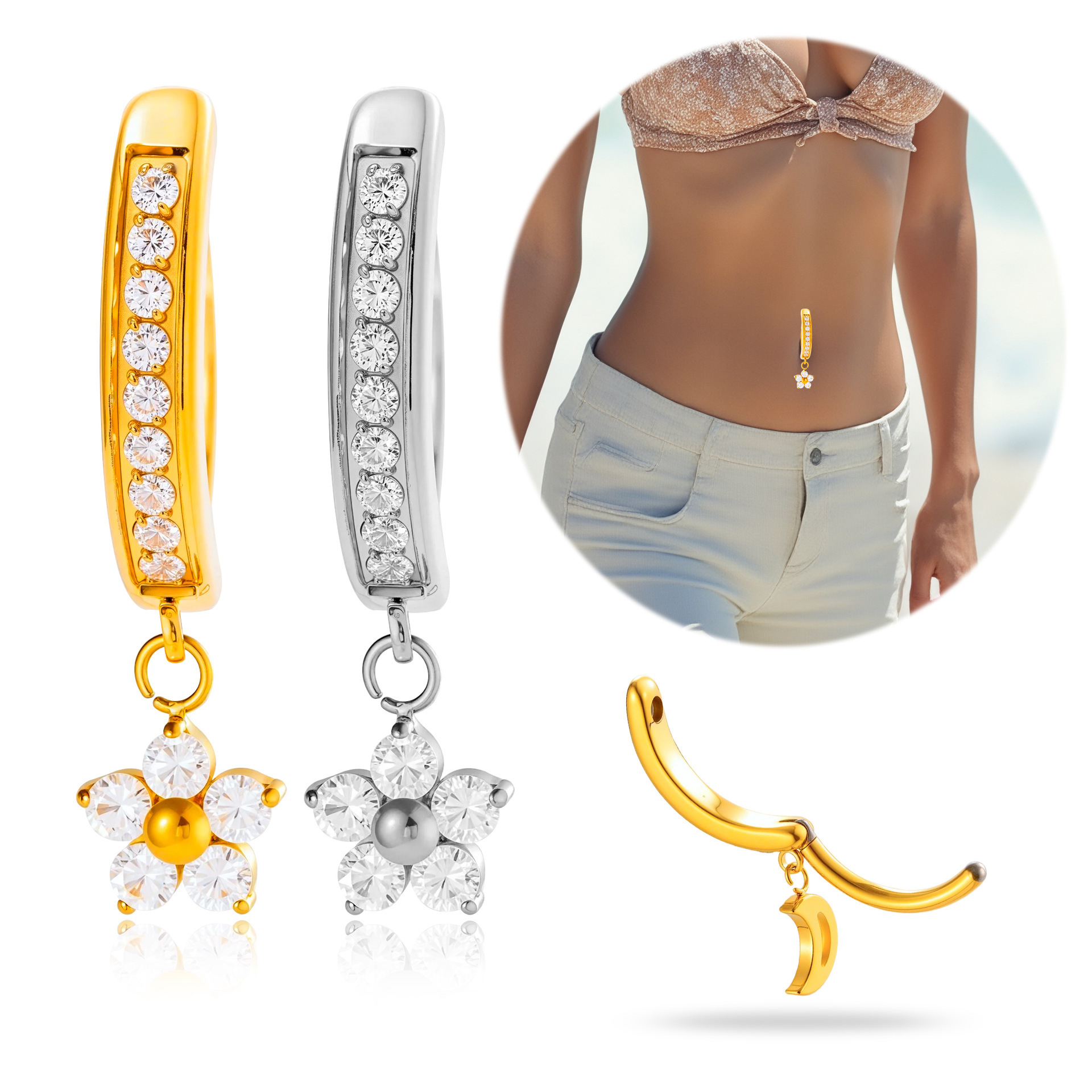 Fashion Titanium Alloy Flower Pendant Belly Button Ring Bohemian Print Design Sense Belly Piercing Jewelry For Women