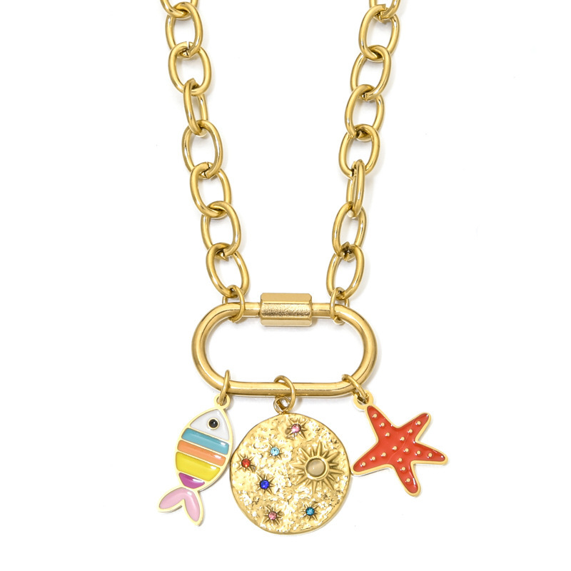 Stainless Steel Pendant Necklace DIY Fish Starfish Ocean Theme Accessories Climbing Buckle Clavicle Chain Jewelry For Women