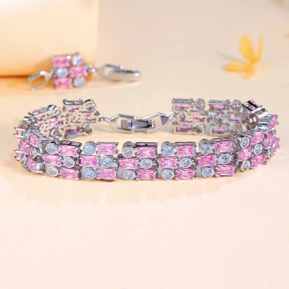 Geometric Shiny Pink Cubic Zirconia Big Wide Bracelets Bangles For Women Wedding Engagement Jewelry Accessories