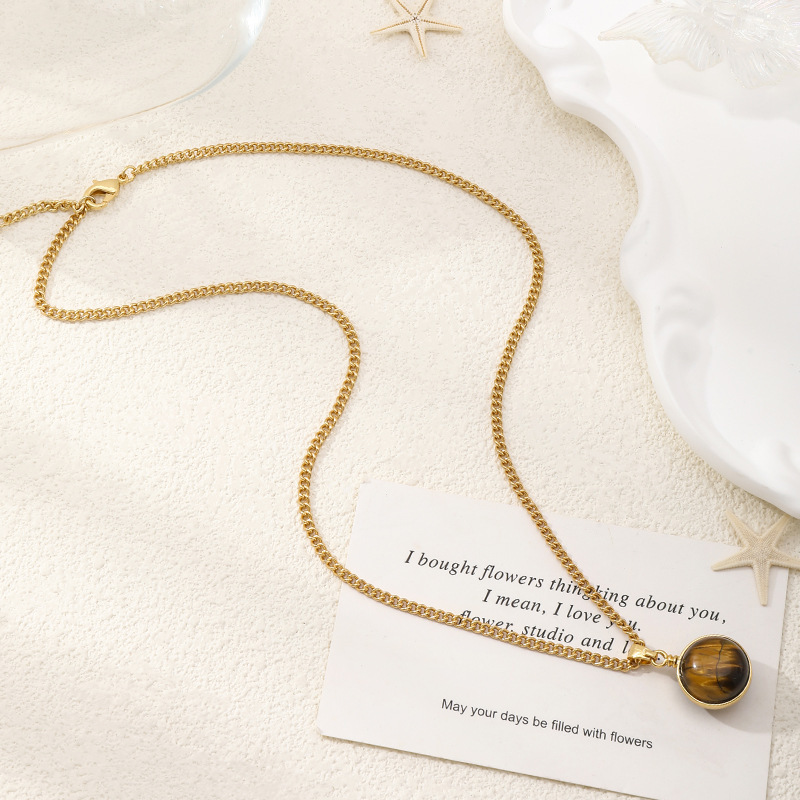 Fashionable Tiger Eye Stone Pendant Necklace Metal Chain Non-Fading 3D Design Versatile Layering Luxury Clavicle Chain Accessory