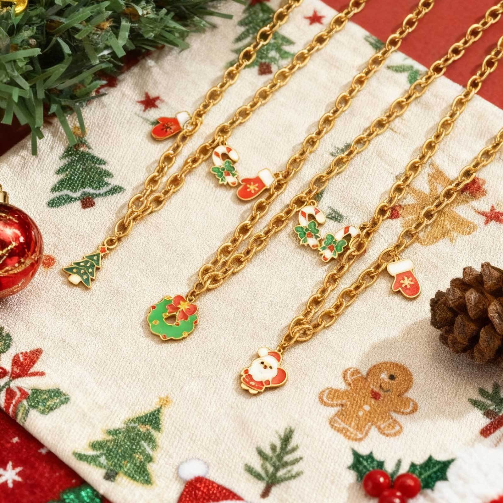 18K Gold Plated 201 Stainless Steel Round Cross Chain Santa Claus Christmas Tree Christmas Stocking Necklace Women's Jewelry Christmas Gift Lobster Clasp