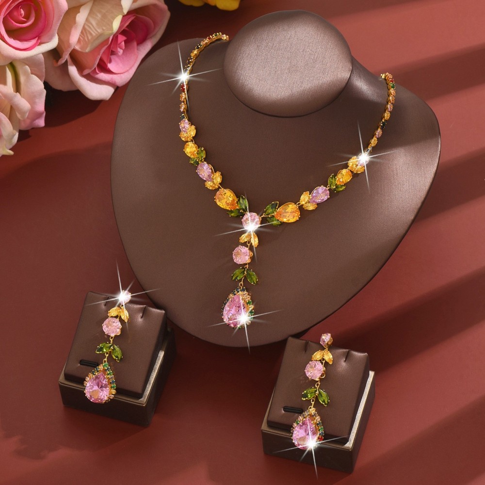 Luxurious Rainbow Zircon Heart Necklace Earrings Set Elegant Dinner Wedding Dress Accessories Fashionable Jewelry Combo For Women