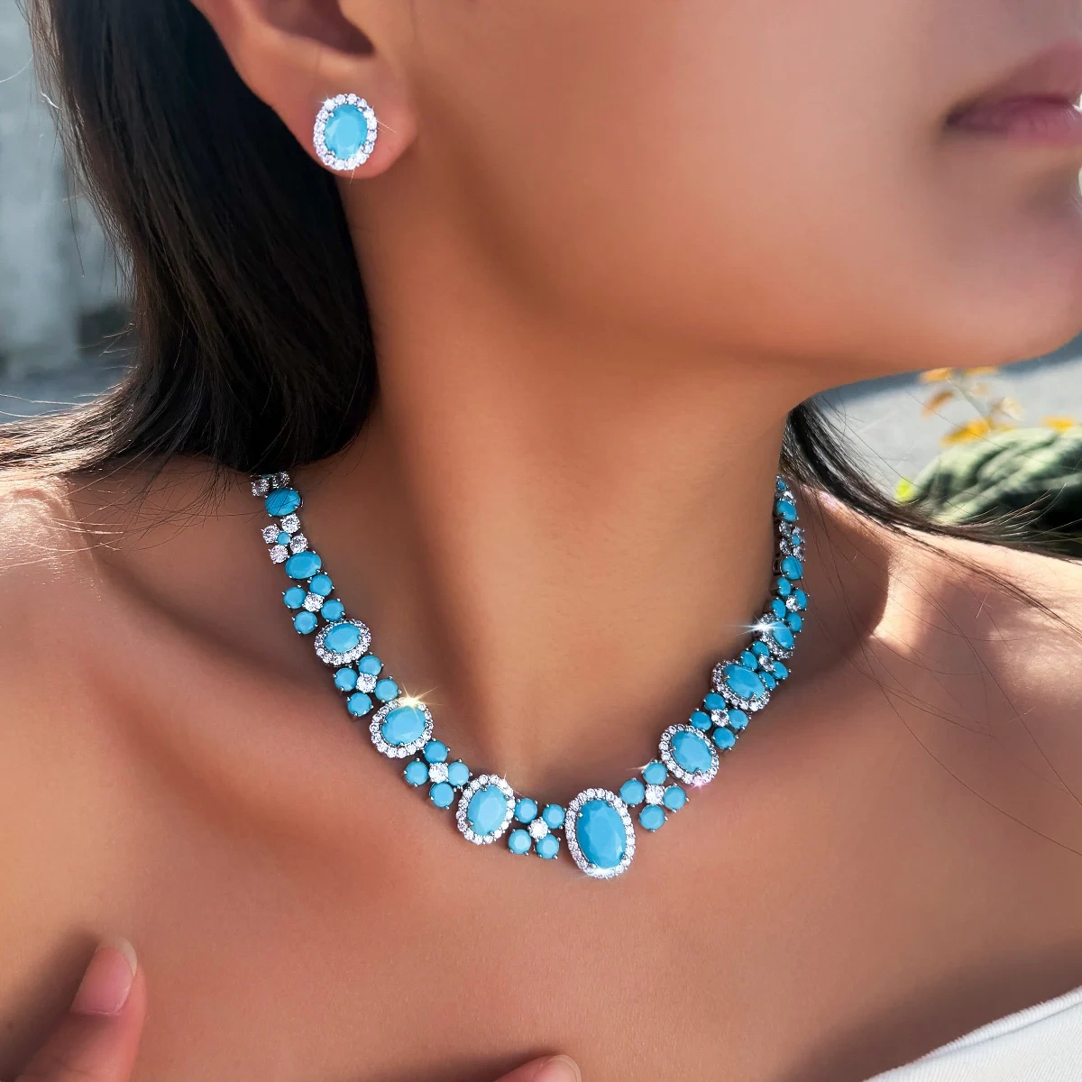 Water Plated White Gold Copper Material Inlaid Blue Turquoise/Zircon Women's Wedding Necklace Earring Set Two-Piece Set Palladium Plated