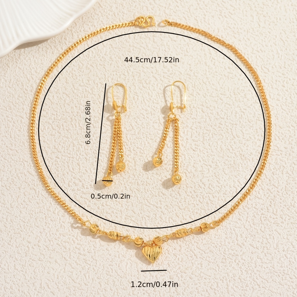 Three-Piece Sweet Heart Tassel Necklace Earring Set For Party Wear Gold Plated Copper Jewelry Accessories Fashionable Festive