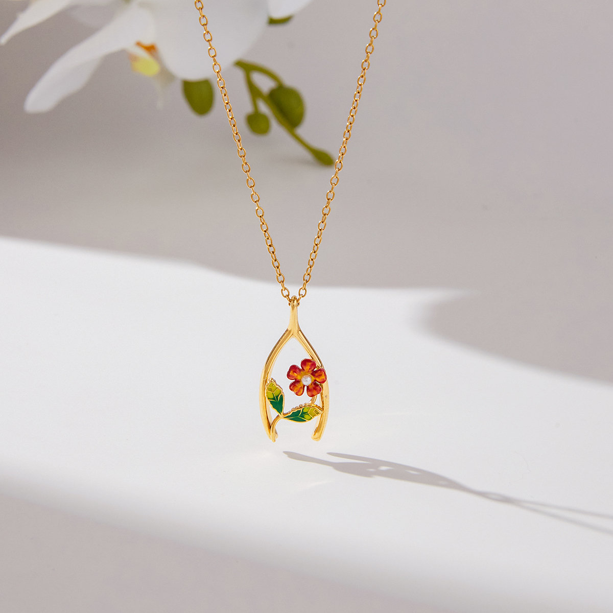 Women's Classic Style 18K Gold Stainless Steel + Shell Pearl + Oil Drop / Shell Pearl Oil Drop Flower Thanksgiving Lucky Wish Bone Y-shaped Pendant Necklace 45+5CM