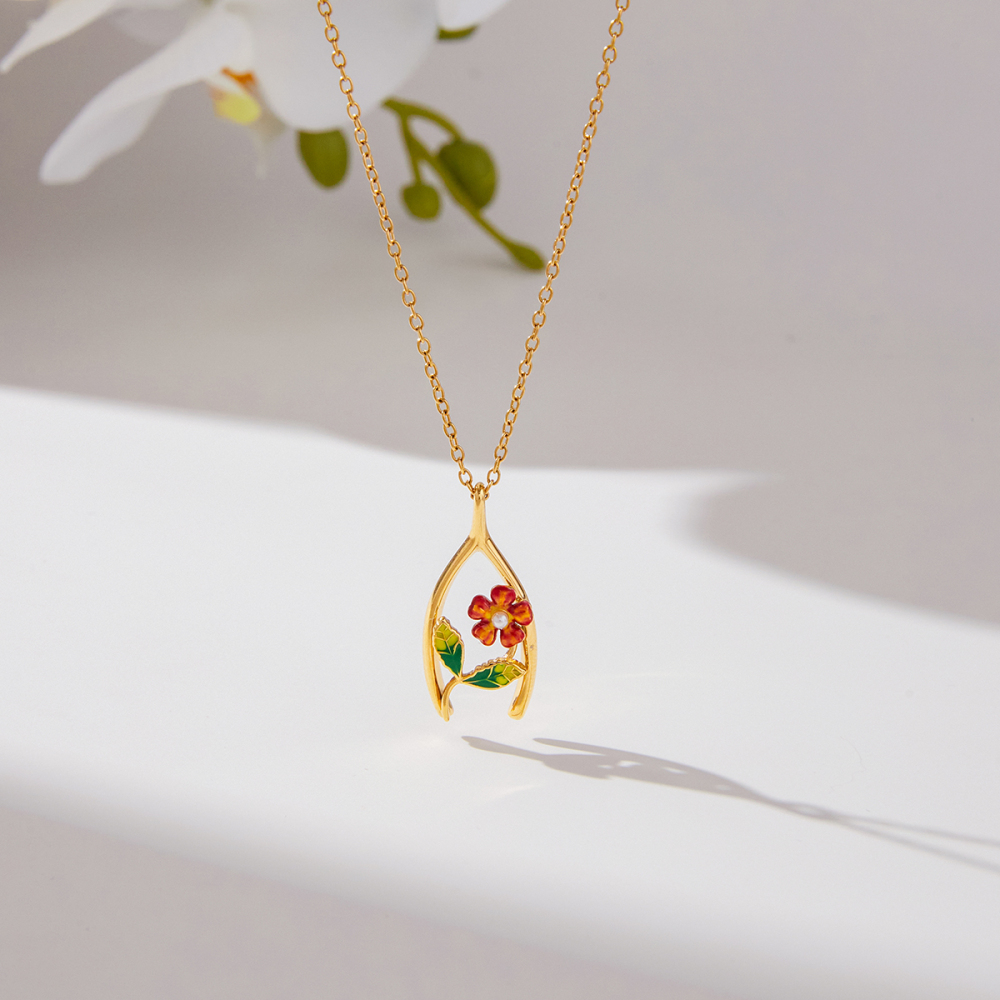 Women's Classic Style 18K Gold Stainless Steel + Shell Pearl + Oil Drop / Shell Pearl Oil Drop Flower Thanksgiving Lucky Wish Bone Y-shaped Pendant Necklace 45+5CM