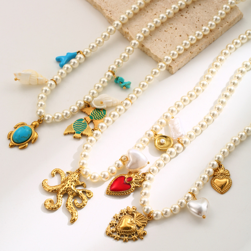 Elegant Ocean Elements Heart-shaped Octopus Turtle Pearl Pendant Necklace Geometric Pattern Titanium Steel Women Jewelry Accessories Minimalist Style