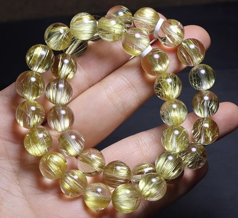 Natural Brazilian Gold Hair Crystal Bracelet Unisex Yellow Quartz Titanium Crystal Geometric Pattern Polished Design Chinese Style