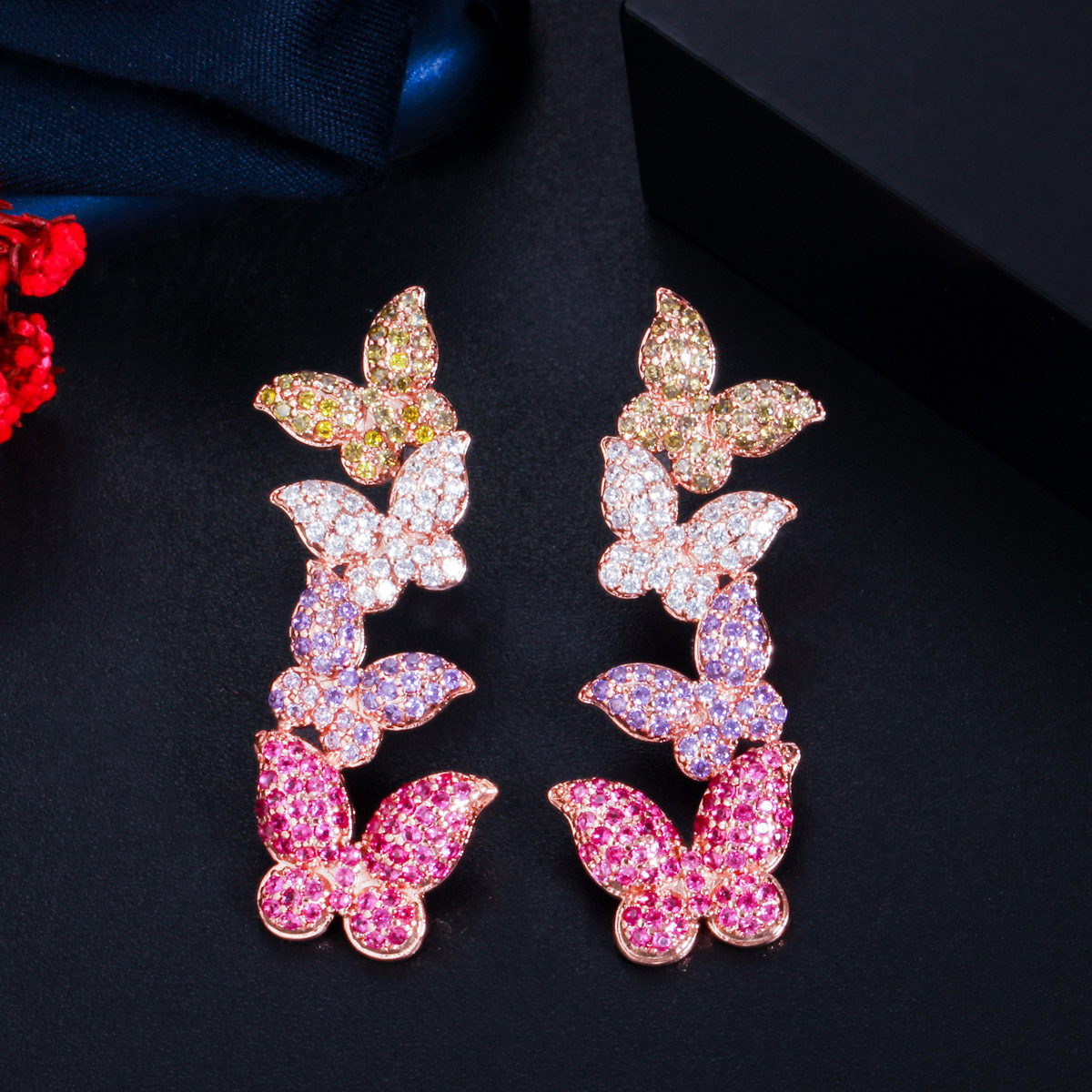 Copper Butterfly Electroplating Zircon Rhodium Plated Elegant Classic Style Plating Inlay Drop Earrings