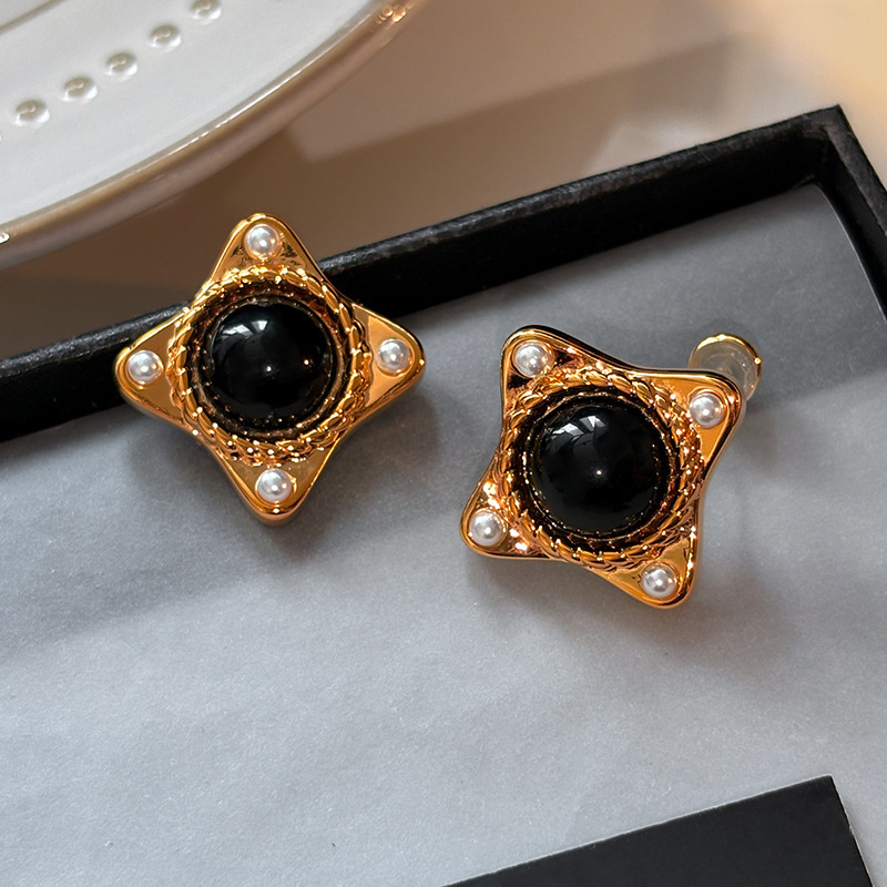 Fashionable Square Black Agate Pearl Stud Earrings Luxury Simple Stylish European Style Women's Jewelry Accessories
