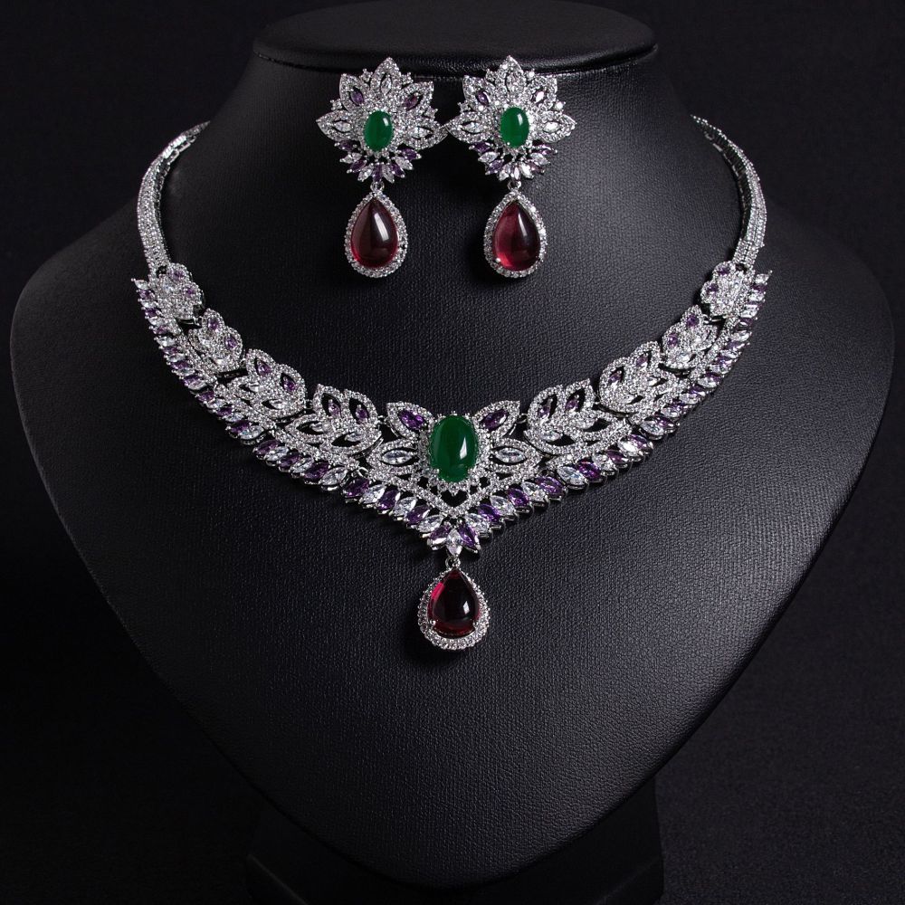 Exaggerated Necklace Set Fashion Jewelry Luxury Zirconium Stone Banquet Dress Accessories Direct Supply Floral Pattern Women