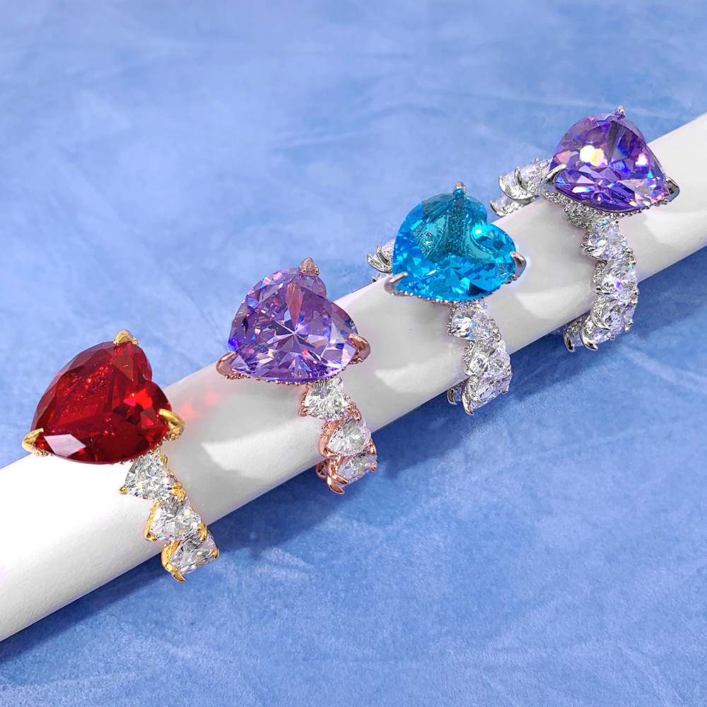 Jewelry Hip Hop Color Zircon Heart-Shaped Ring  18K Gold Plating Platinum Women's Ring  Zhang Yang Atmospheric Trend Female Ring