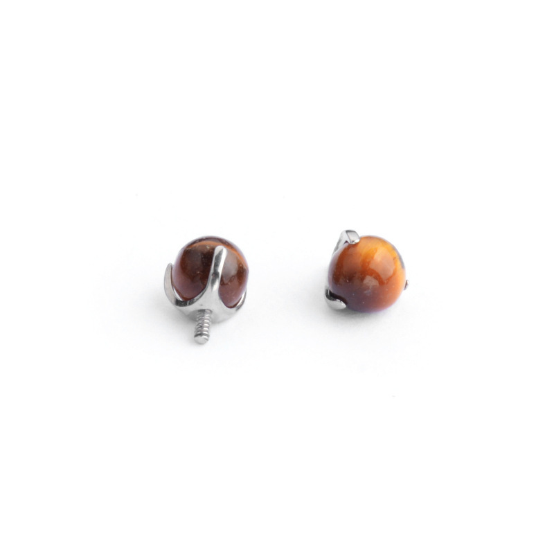 Natural Tiger Eye Stone Titanium Alloy Earrings Lip Ring Tongue Ring F136 Titanium Three-Prong Setting Fashion Simple Style Round Electroplated Jewelry Accessories