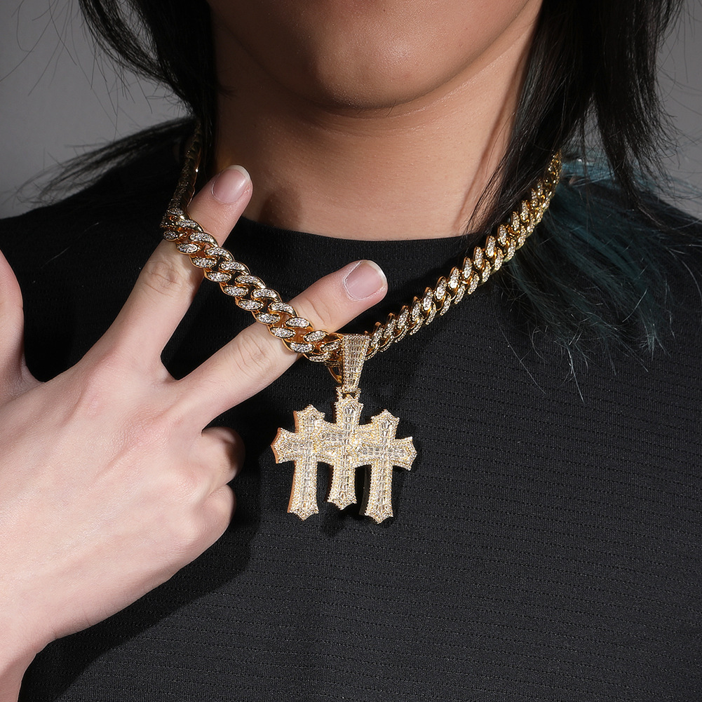 Hip Hop Cross Pendant Necklace Set Cuban Chain Zirconia Embedded Copper Geometric Patterned Jewelry For Men And Women