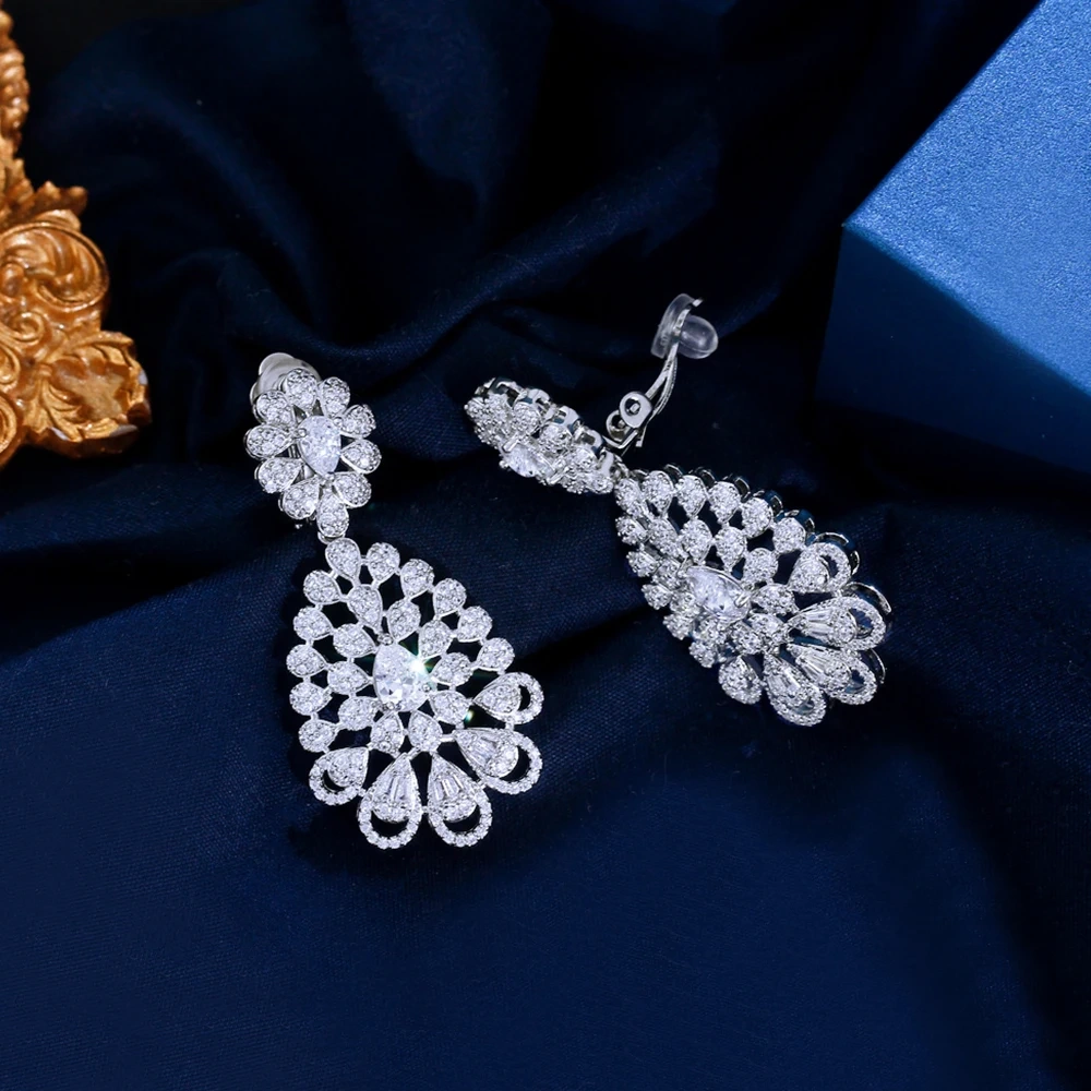 Fashion White Cubic Zirconia Clip-On Earrings Suitable For Wedding Party Bride Long Dangling Non-Pierced Earrings For Women
