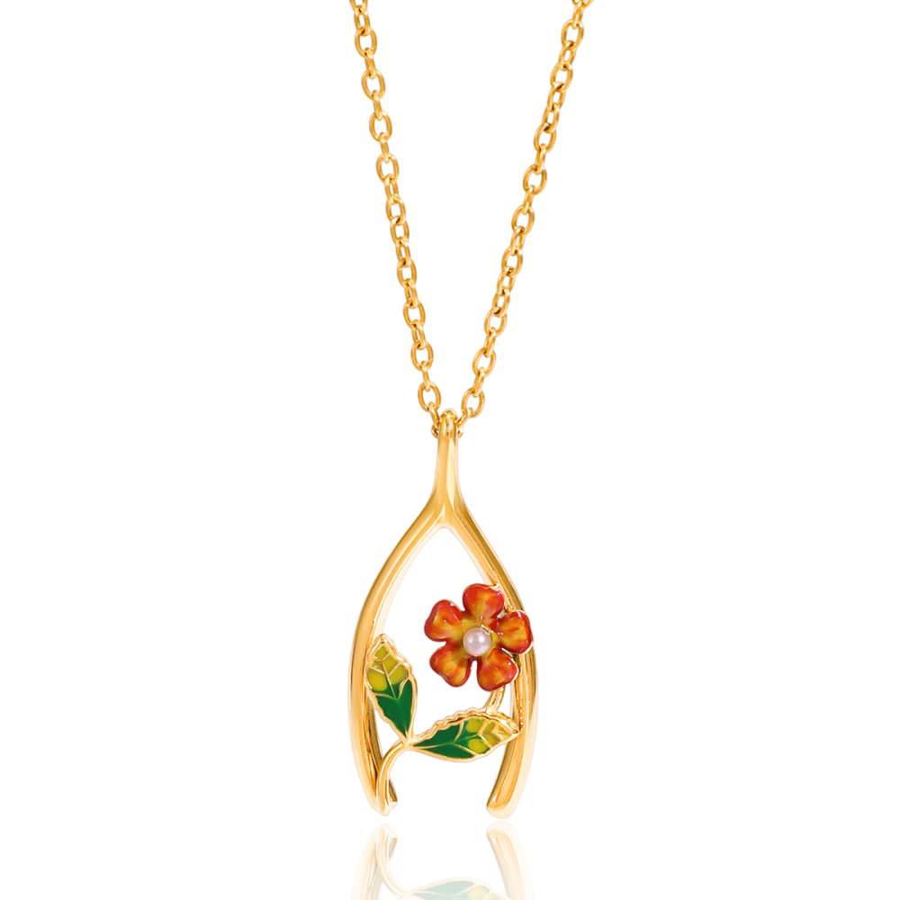 Women's Classic Style 18K Gold Stainless Steel + Shell Pearl + Oil Drop / Shell Pearl Oil Drop Flower Thanksgiving Lucky Wish Bone Y-shaped Pendant Necklace 45+5CM