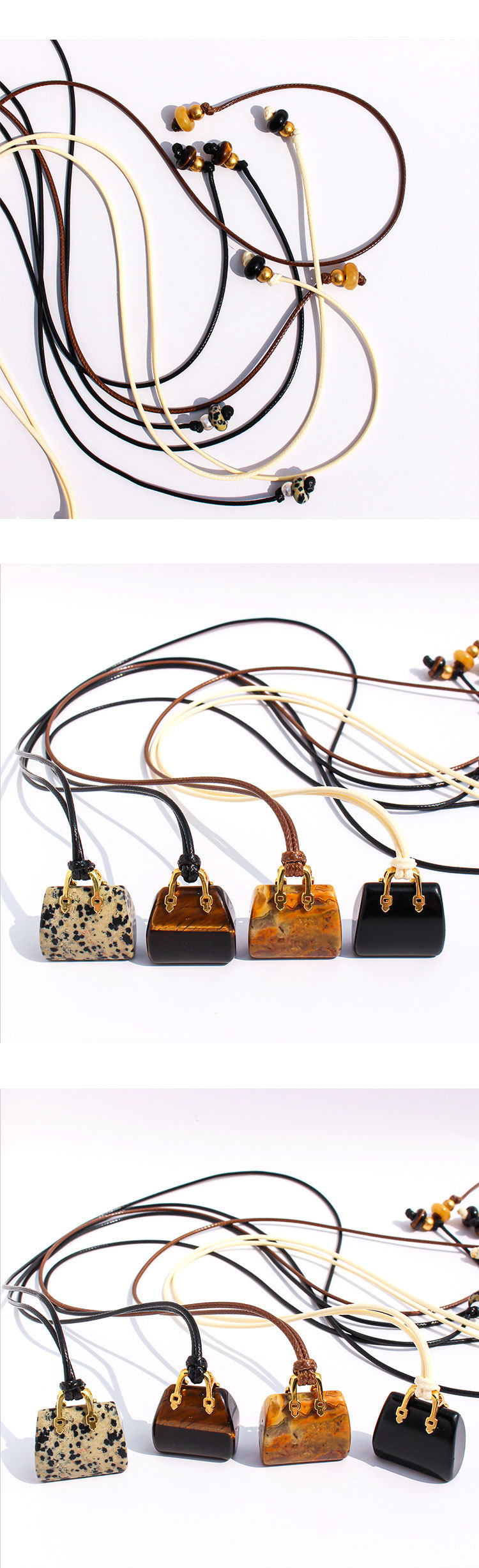 Natural Spotted Tiger Eye Stone Pendant Leather Rope Casual Long Necklace Adjustable Self-tying Sweater Chain Fashionable Ladies Holiday Style Accessories