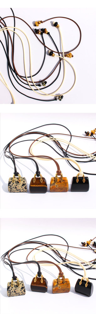 Natural Spotted Tiger Eye Stone Pendant Leather Rope Casual Long Necklace Adjustable Self-tying Sweater Chain Fashionable Ladies Holiday Style Accessories