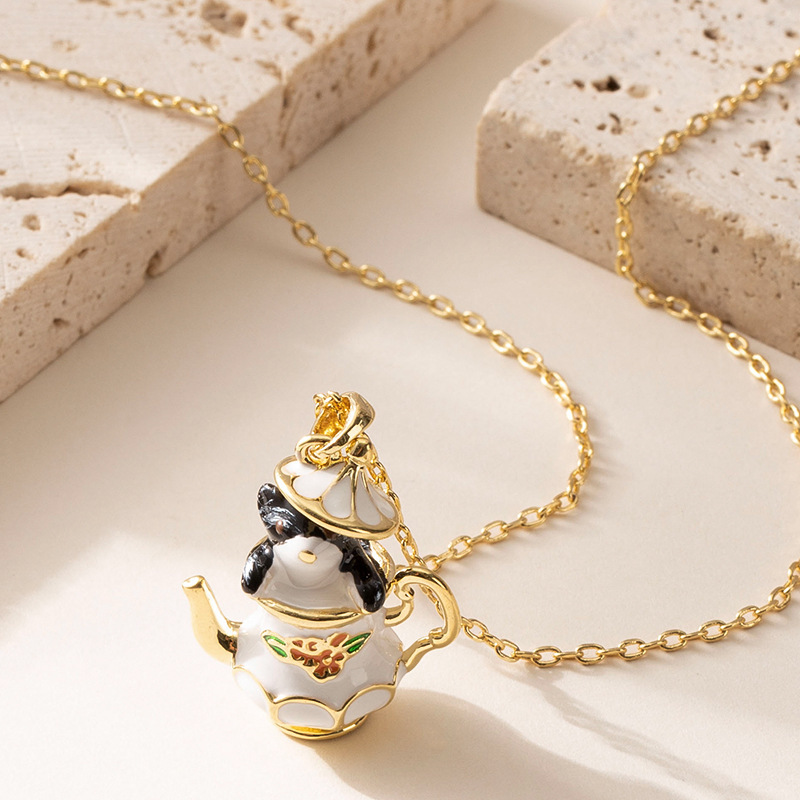Fashion Cartoon Teapot Copper Pendant Necklace For Women Lightweight Luxurious Enamel Chain Fine Collarbone Chain Jewelry Accessories