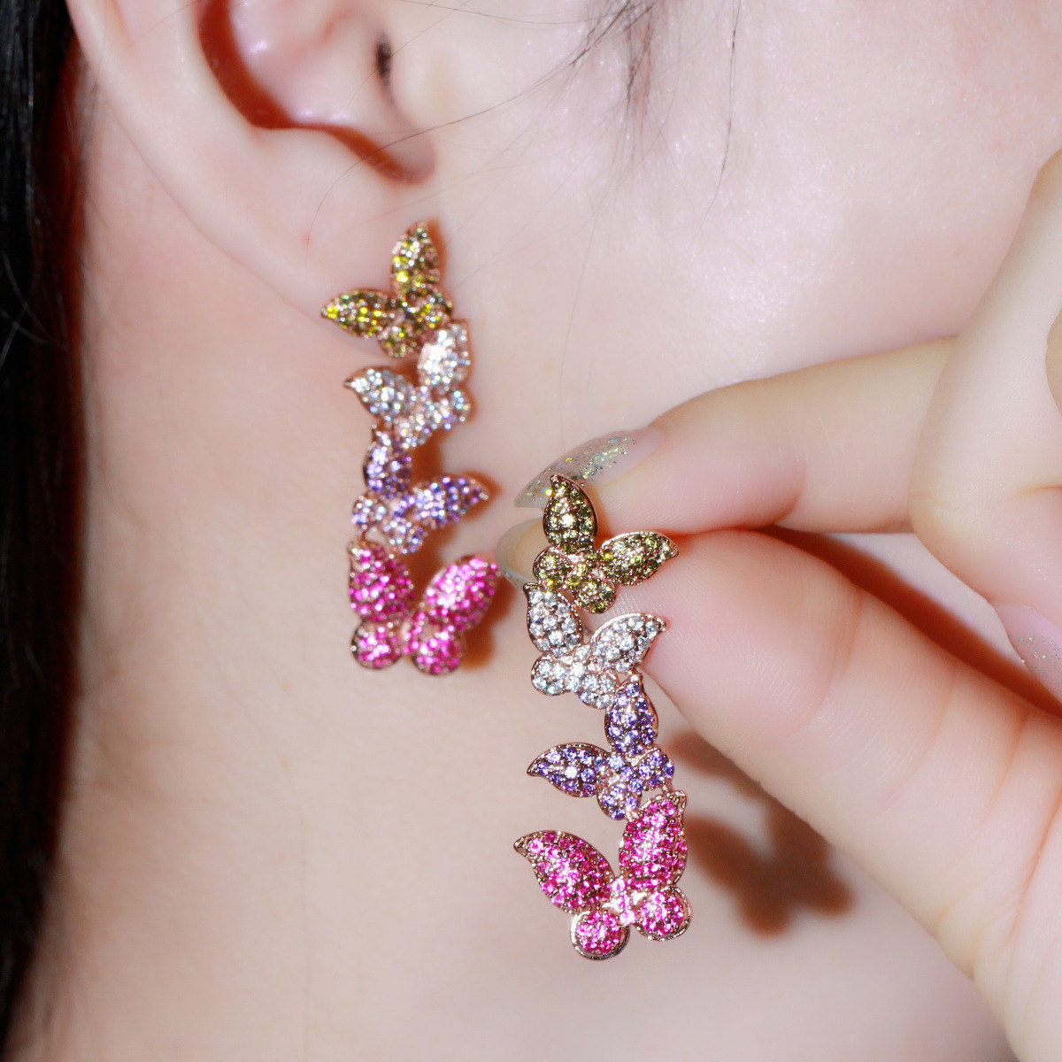 Copper Butterfly Electroplating Zircon Rhodium Plated Elegant Classic Style Plating Inlay Drop Earrings