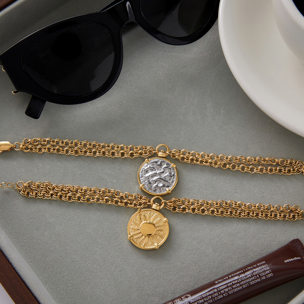 Designer Ladies Classic Style Coin Pendant Stainless Steel Gold And Silver Double Chain Bracelet 18K Gold Plated 18+5cm