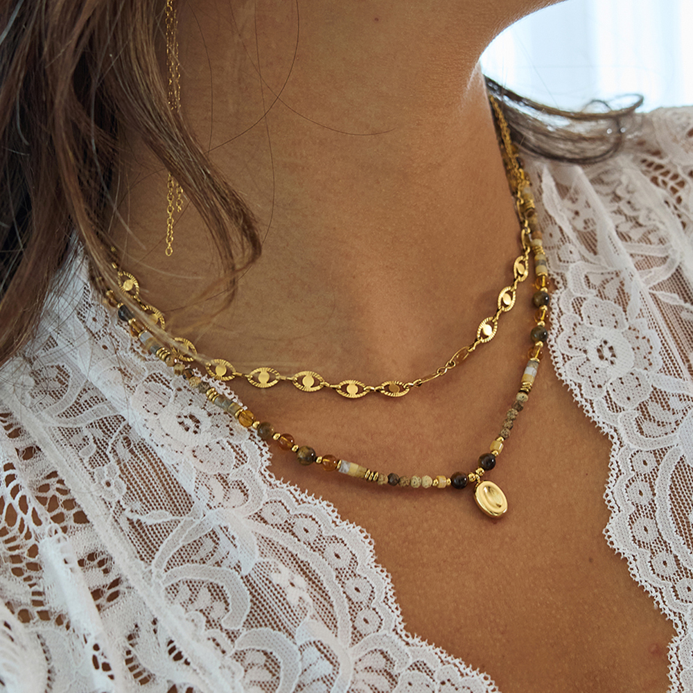Ladies Classic Style 18K Gold Plated Stainless Steel Oval Pendant Tiger Eye Stone Crystal Natural Gemstone Beaded Necklace