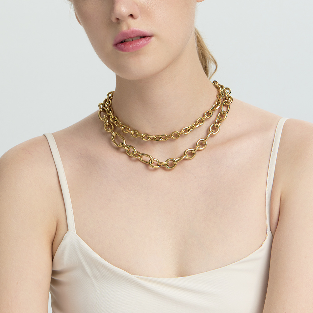 Trendy Hip Hop 18K Gold Plated Stainless Steel Cuban Link OT Buckle Necklace Clavicle Chain DIY Accessories For Women