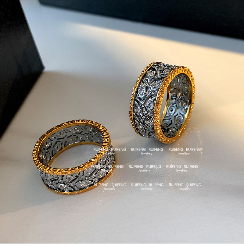 New Chinese Style Tang Pattern Grass Ring Women's Luxury Sensation Diamond Embedded Index Finger Ring French Vintage Band