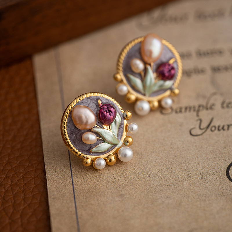 Natural Pearl Floral Earrings Women's French Vintage Monet Garden Ear Studs New Chinese Court Style Jewelry Accessories