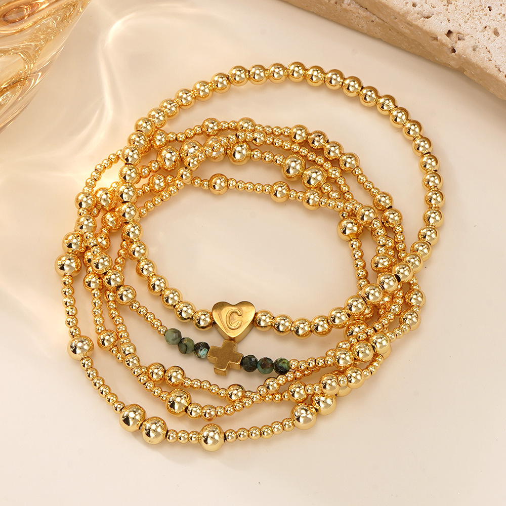 Luxurious Golden Heart Letter African Copper Beads Bracelet Set Of Five Facet Cut Loose Women's Fashion Jewelry Accessories