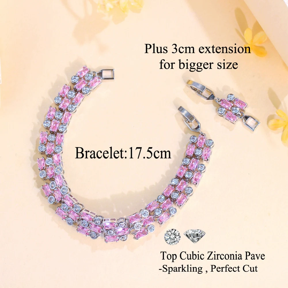 Geometric Shiny Pink Cubic Zirconia Big Wide Bracelets Bangles For Women Wedding Engagement Jewelry Accessories